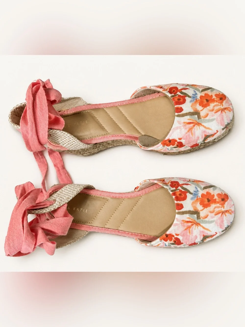 Kelly & Katie Floral Espadrille Wedges Size 8M Coral Lace-Up Ankle Tie
